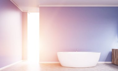 Banyo iç küvet, ışıklı mavi duvarlar ve beton zemin. 3D render