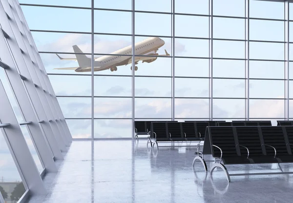 Konkreta flygplats interiör med säten, inramade fönster och ett flygplan flyger av. 3D-rendering — Stockfoto