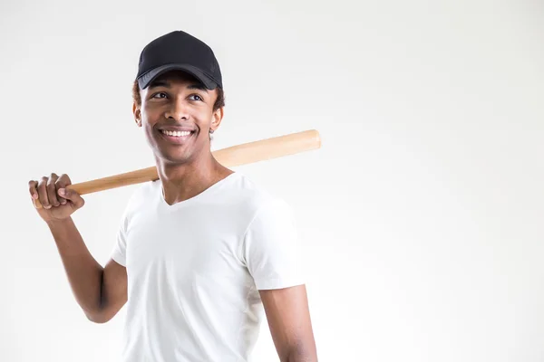 Sorrindo cara preto com morcego — Fotografia de Stock