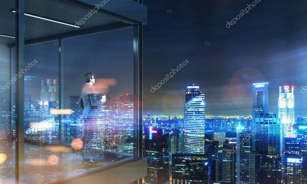 Businessman On Panoramic Balcony Night Stock Photo By C Denisismagilov