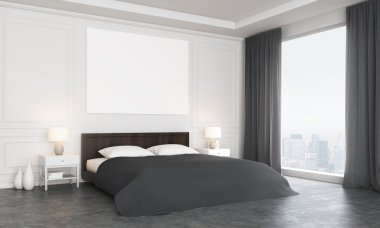 Şehir Manzaralı Oda, beton zemin ve panoramik pencere yukarıda boş posteri ile lüks yatak odası iç yan görünüm. Alay etmek yukarıya, 3d render
