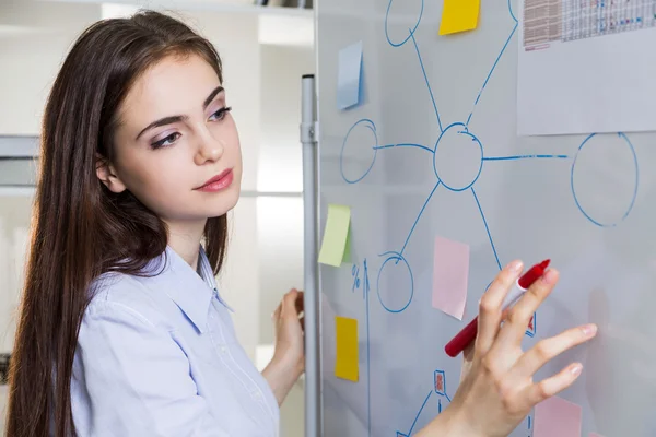 Woman drawing graphs on whiteboard — Stock Photo, Image