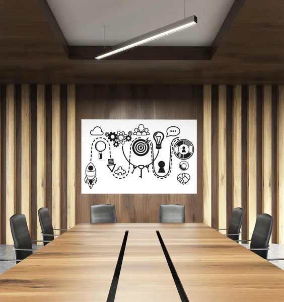 Opstarten concept met raket schip schets op whiteboard in moderne conferentie kamer interieur. 3D-rendering — Stockfoto