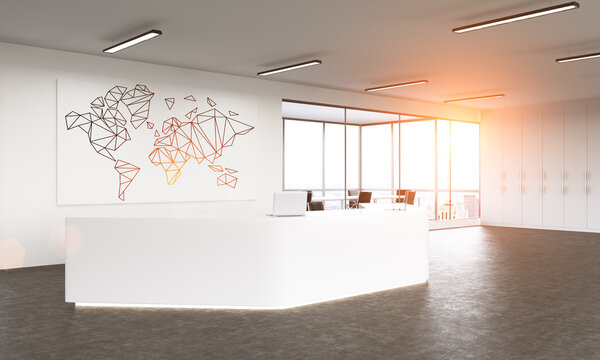 Концепция деловых поездок с полигональной картой на белой доске в интерьере администратора с солнечным светом и видом на город. 3D рендеринг
