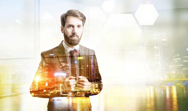 Thoughtful man double exposure — Stock Photo, Image