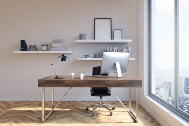 Office çalışma alanı boş resim çerçeveleri ile New York Şehir Manzaralı Önden Görünüm raflar, Resepsiyon ile bilgisayar ve diğer öğeleri, ahşap zemin, beton duvar ve pencere üzerinde. 3D render
