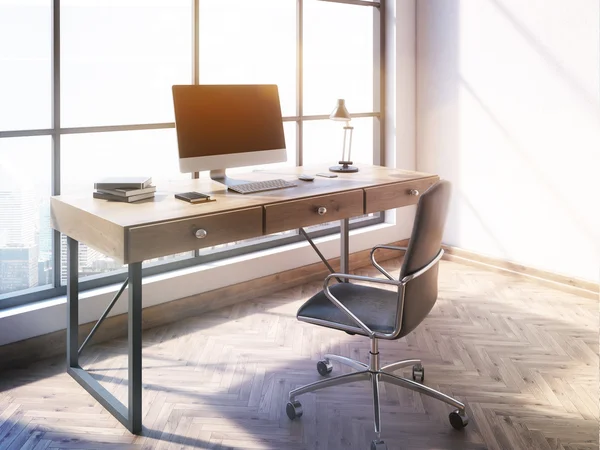 Workplace with blank computer monitor and other items in office interior with wooden floor, concrete wall and panoramic window with New York city view. Toned image. Mock up, 3D Rendering — Stock Photo, Image