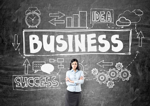 Idée d'entreprise et concept de réussite avec une femme d'affaires confiante debout contre le mur du tableau noir avec croquis — Photo
