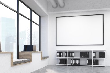 Belge dolabı ile beton iç Modern hipster pencereli işyerleri, Singapur şehir manzaralı büyük boş resim çerçevesi ve pencere. Mock up, 3d Rendering