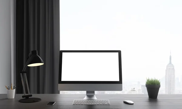 Workplace with modern computer and big window — Stockfoto