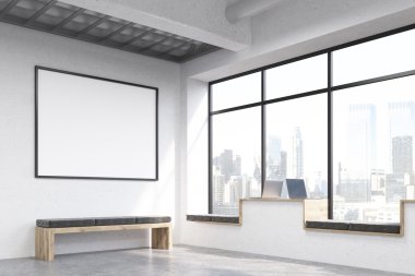 New York şehir manzaralı modern hipster pencere işyerleri tezgah, boş resim çerçevesi ve pencere ile beton iç yan görünüm. Alay etmek yukarıya, 3d render