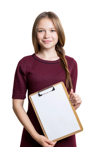 Belle jeune fille avec presse-papiers — Photo