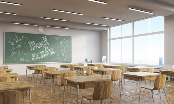 Interno della classe in legno a scuola. Concetto di ottenere un'istruzione. Torniamo a scuola. rendering 3d . — Foto Stock