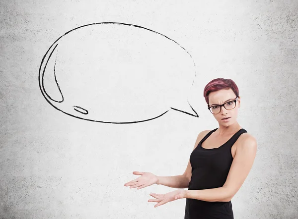 Woman in glasses and speech bubble — Stok fotoğraf