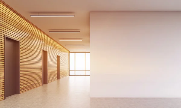 Az iroda előcsarnoka. Fa-és fehér falak. Koncepció az üzleti belső. 3D renderelés. Gúnyolódni fel. Tónusú kép. — Stock Fotó