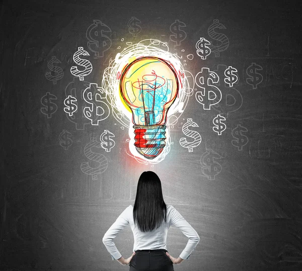 Rear view of woman staring at blackboard with colorful bulb and dollar signs on it. Concept of new way to make money — Stock Photo, Image