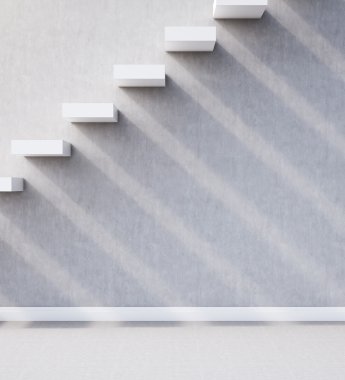 Yan görünüm beton merdiven ve duvar inşa. Uzun gölgeler. İş dünyasında başarı için yol kavramı. 3D render.