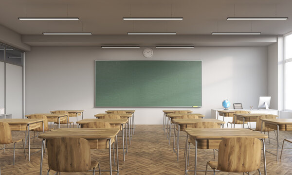Classroom interior with wooden furniture. Globe on teacher's desk. Computer. Elements of this image furnished by NASA.  Back to school. 3d rendering. Mock up
