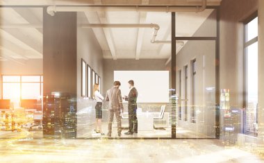 İş adamları ofis iç konuşuyor. Duvarda beyaz tahta olan konferans salonu. Beyin fırtınası kavramı. 3d render. Dalga geç. Tonlu görüntü. Çift pozlama