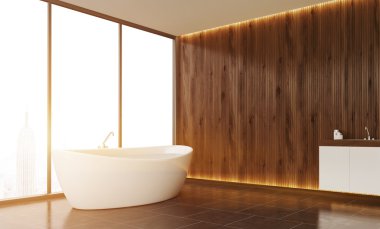 Ahşap duvarlı banyo iç, New York manzaralı panoramik pencere ve kiremit zemin. Beyaz küvet ve lavabo. Dalga geç. Tonlu görüntü. 3d render