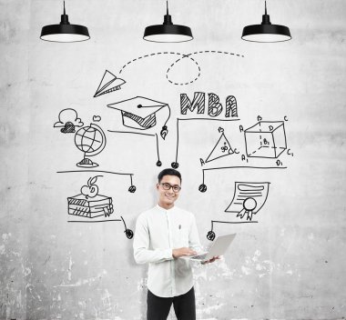 Dizüstü bilgisayar ve Mba kroki ile Asyalı adam