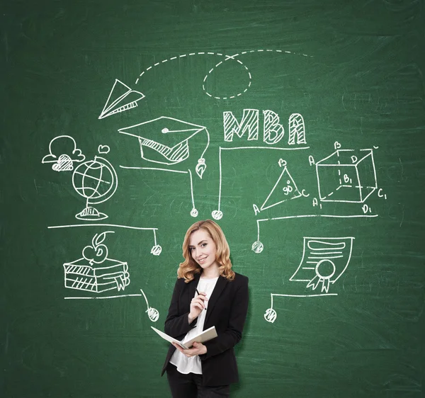 Zelená deska MBA nákres a dáma — Stock fotografie