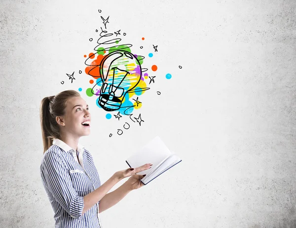 Girl in striped shirt and light bulb sketch — Stock Photo, Image