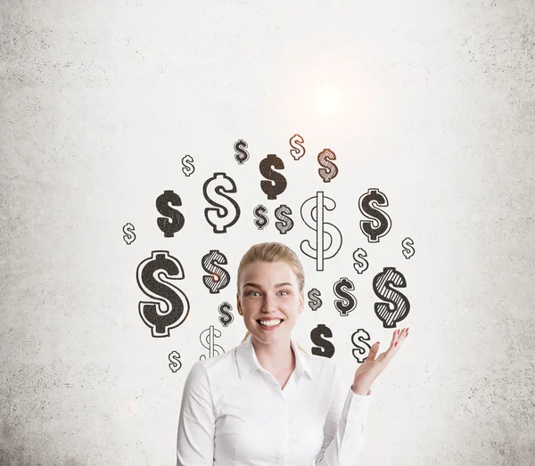 Menina camisa branca e sinais de dólar — Fotografia de Stock