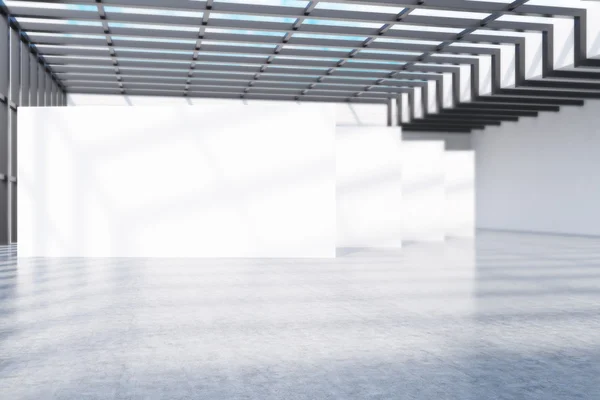 Empty gallery in big city. Concrete floor, white walls, attic, glass roof. Concept of modern art exhibition. 3d rendering. Mock up — Stock Photo, Image