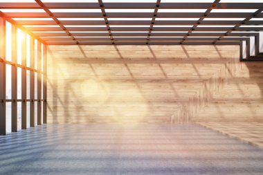 Ahşap duvarlar ve panoramik pencere ile tavan arası