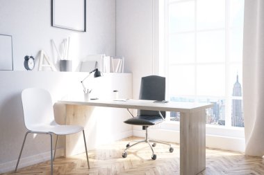 Ahşap masa, sandalye ve New York panoraması ile ev ofis. Freelancing 3d render kavramı. Alay etmek