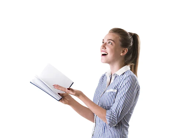 Chica en camisa a rayas con libro —  Fotos de Stock