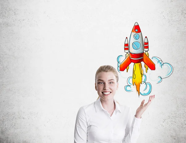 White shirt girl and rocket sketch — Stock Photo, Image