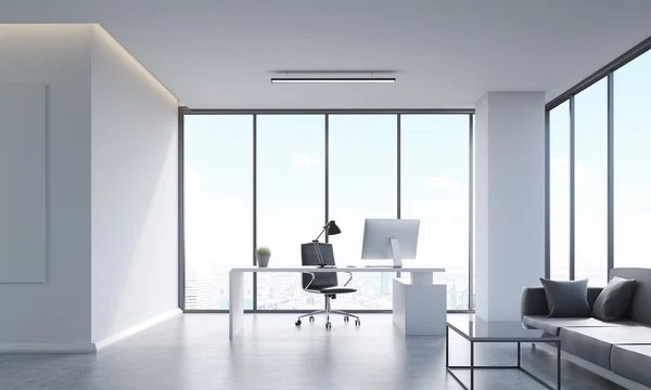 Керівник офісного інтер'єру компанії з комп'ютерним столом, робочим столом, диваном, журнальним столиком та панорамними вікнами. Концепція прийняття рішень. 3D візуалізація . — стокове фото