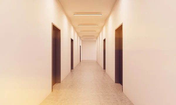 Korridor med massor av mörkbruna dörrar. Vita väggar och tak, betonggolv. Koncept för hotellobbyn. 3D-rendering. Mock up. Tonas bild — Stockfoto
