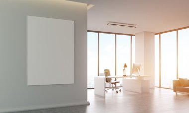Resepsiyon, kanepe, duvar ve panoramik pencerelere poster ile ofis iç. Ceo iş kavramı. 3D render. Kadar alay et. Tonlu görüntü