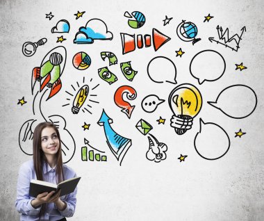 Kitap ve renkli başlangıç kroki ile Kız