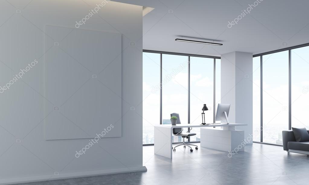 Office interior with poster on white wall, desk and sofa. Computer on table. Concept of accounting company. 3d rendering, mock up.