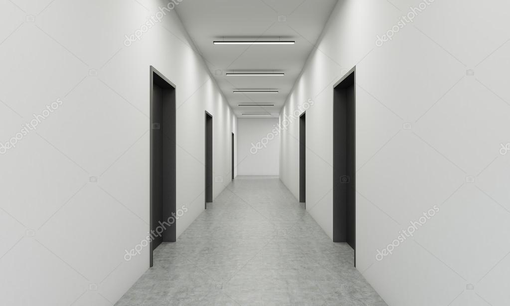 Office Lobby With Many Dark Wood Doors White Walls