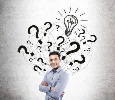 Asya adam ve soru işareti ve ampul kroki