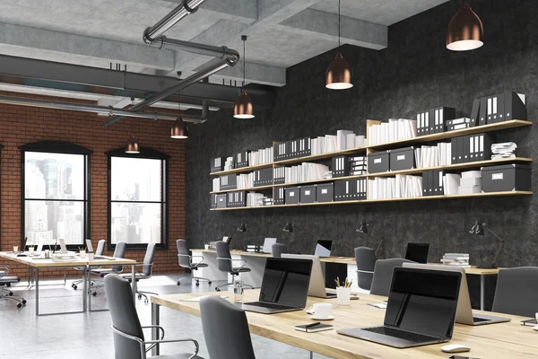 Corner of office with computer tables, bookshelves with binders and boxes and large windows. Concept of modern firm. 3d rendering. Mock up — Stock Photo, Image