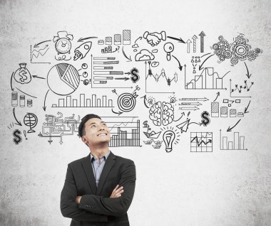 Siyah beyaz başlangıç kroki ve Asya adam