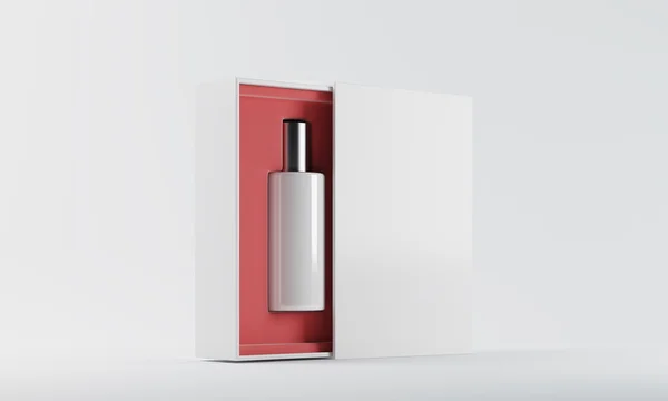 Frasco de perfume branco e prata em caixa vermelha e branca — Fotografia de Stock