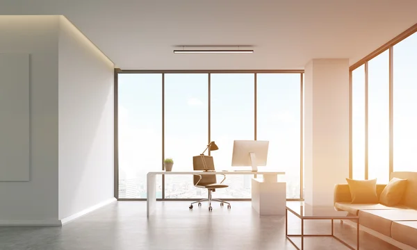 Masa, kanepe, bilgisayar, sehpa ve panoramik pencereler ile Boss ofis odası. Yöneticinin çalışma konsepti. 3d render. Tonlu görüntü — Stok fotoğraf