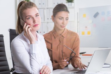 Stresli iş kadını onu telefonla konuşuyor. Onun iş arkadaşı ilk kez bilgisayar klavye dokunuyor. Çok fazla çalışma kavramı