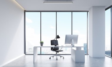 Büyük panoramik pencere, masaüstü ve sandalye ile masa ile Yönetici ofisi. Yöneticinin hayatı kavramı. 3d render