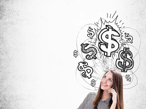 Fille avec téléphone portable et des signes de dollar — Photo