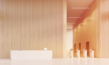 Resepsiyon ve turnike içinde yazıhane ile ahşap duvarlar