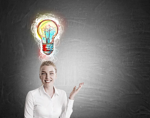 White shirt girl and colorful light bulb sketch — Stockfoto