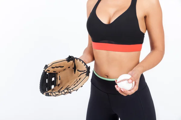 Torso de mujer con guante y pelota de béisbol — Foto de Stock